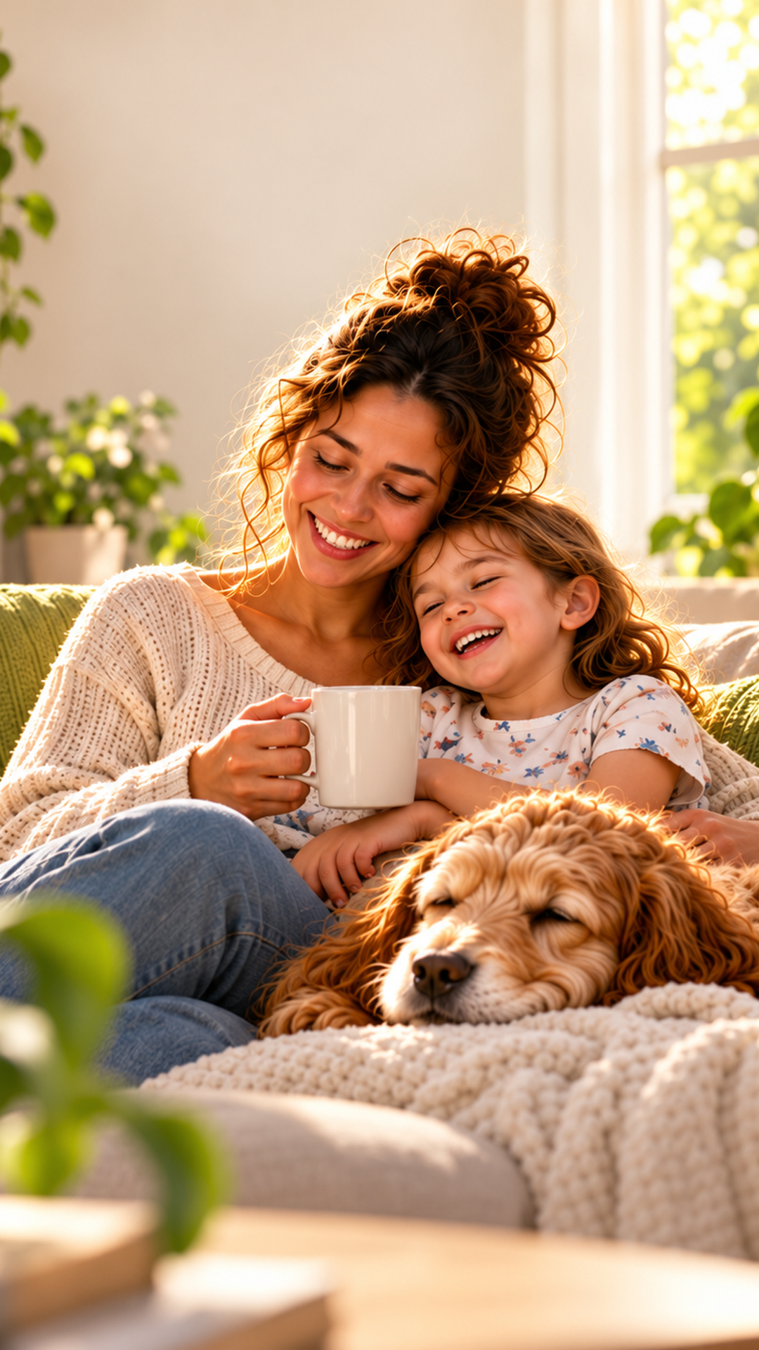 Family time · 9:16 — AI-generated household illustration